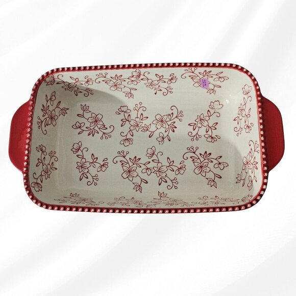 Temp‑Tations Other - Temp‑Tations Floral Lace Red 13" Rectangular Baker- Stoneware Dish